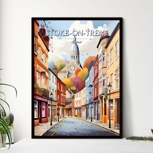 Stoke-on-Trent, England - Art print of a street with buildings and a church Framed Art