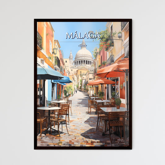 Málaga, Spain - Art print of a street with tables and chairs and umbrellas Framed Art