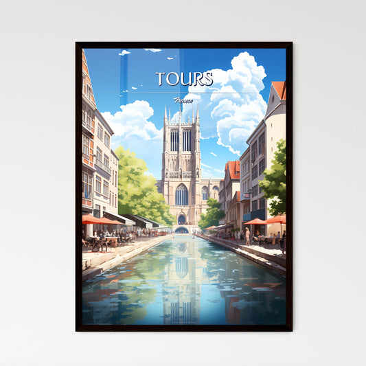 Tours, France - Art print of a water canal with people and buildings in the background Framed Art