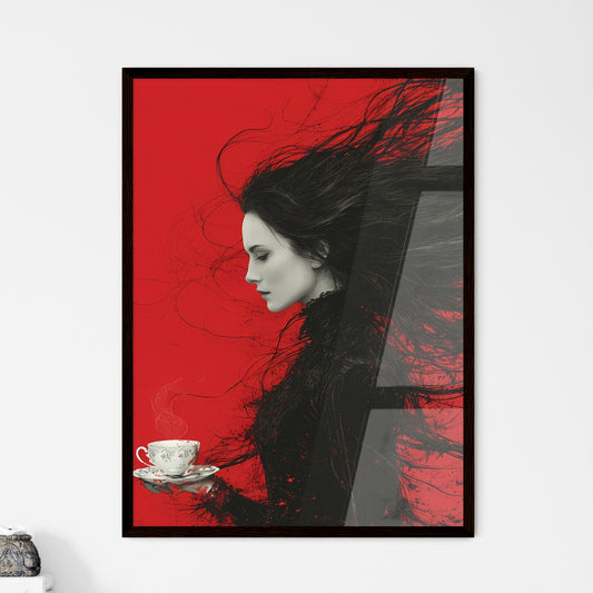 Woman with very long hair, drinks tea, full body - Art print of a woman with long hair holding a tea cup Default Title
