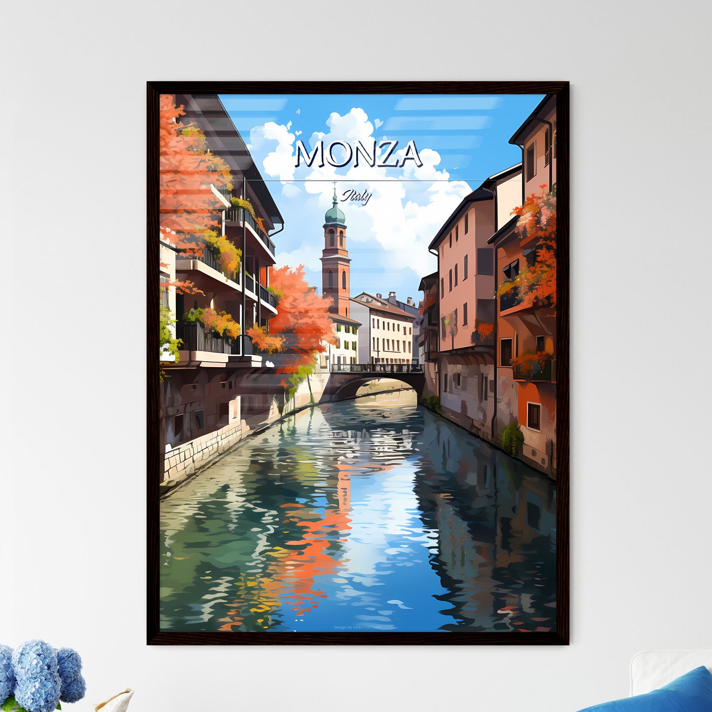 Monza, Italy - Art print of a river with buildings and trees Framed Art