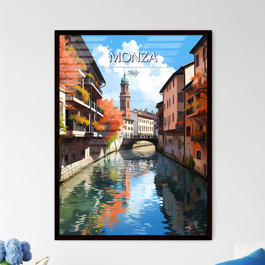 Monza, Italy - Art print of a river with buildings and trees Framed Art