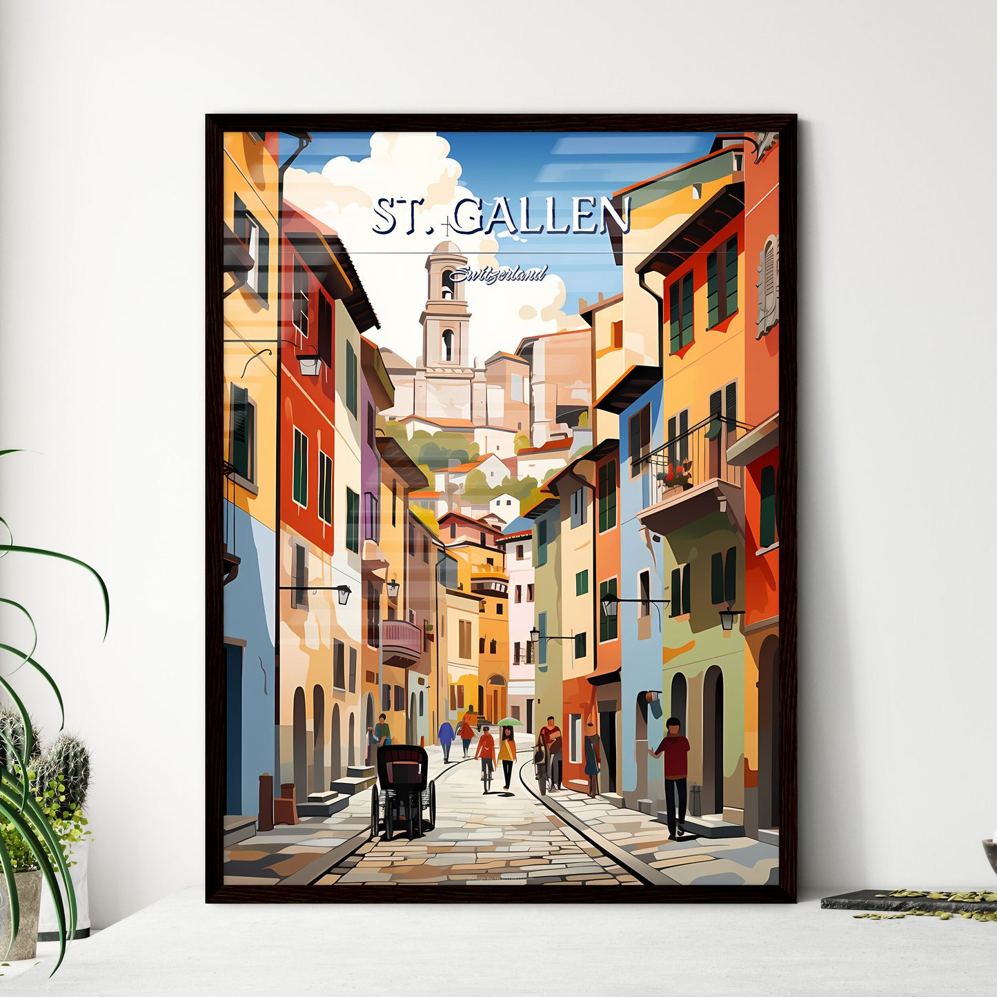 St. Gallen, Switzerland - Art print of a street with buildings and people walking Framed Art