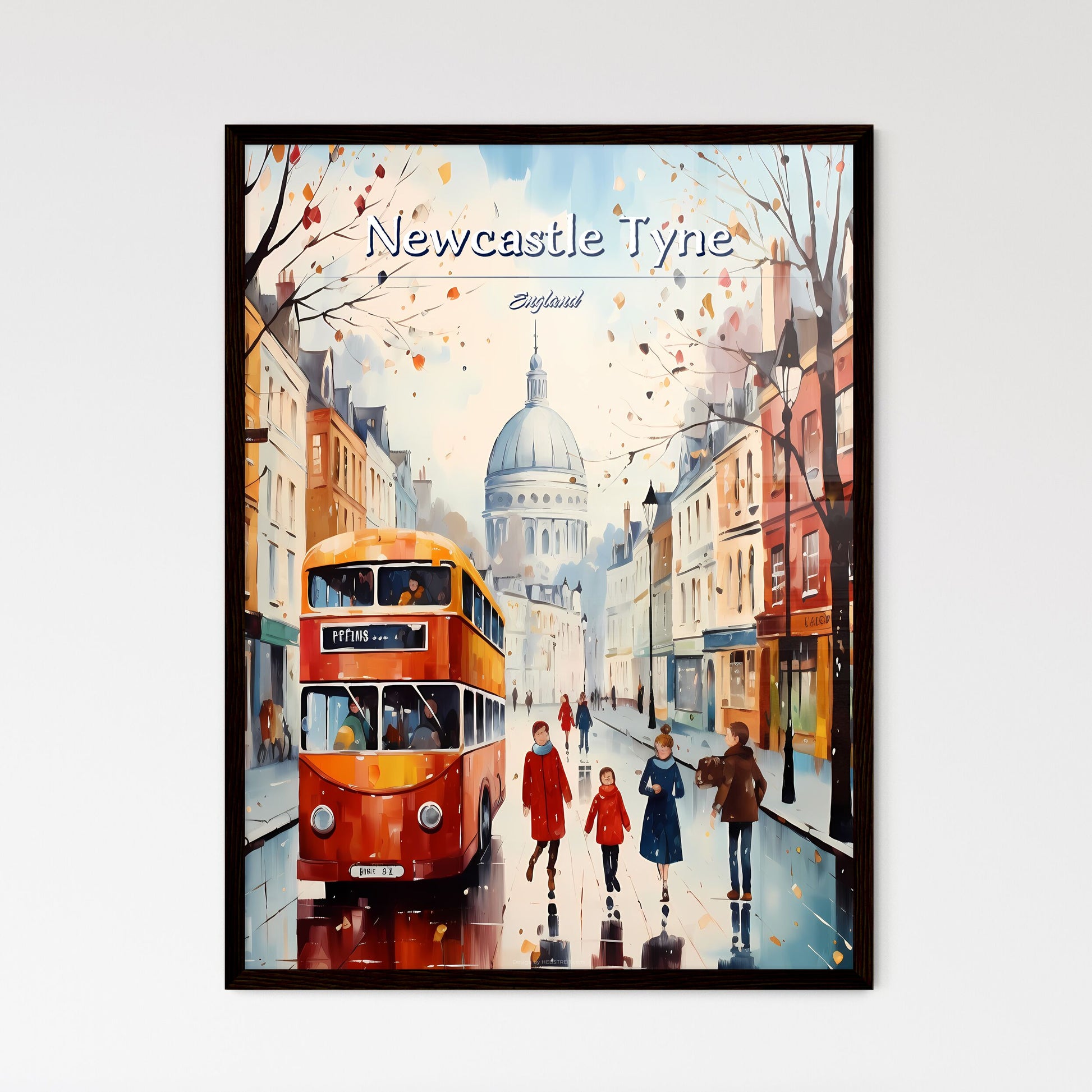 Newcastle upon Tyne, England - Art print of a painting of people walking on a street with a bus and people walking Framed Art