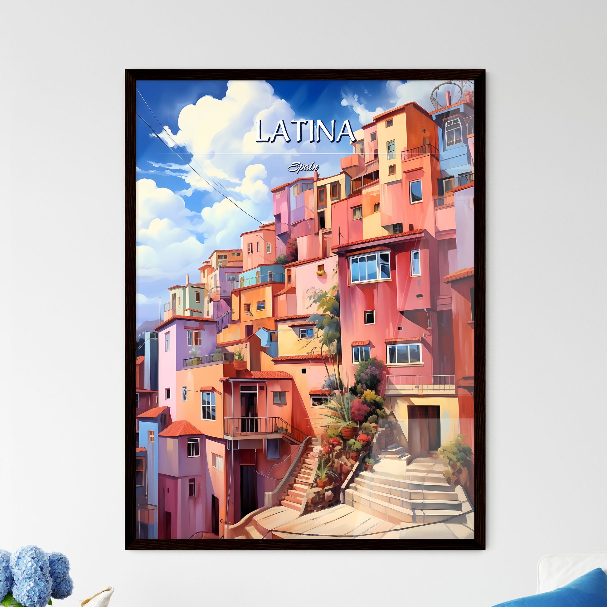 Latina, Spain - Art print of a colorful buildings with stairs and plants Framed Art