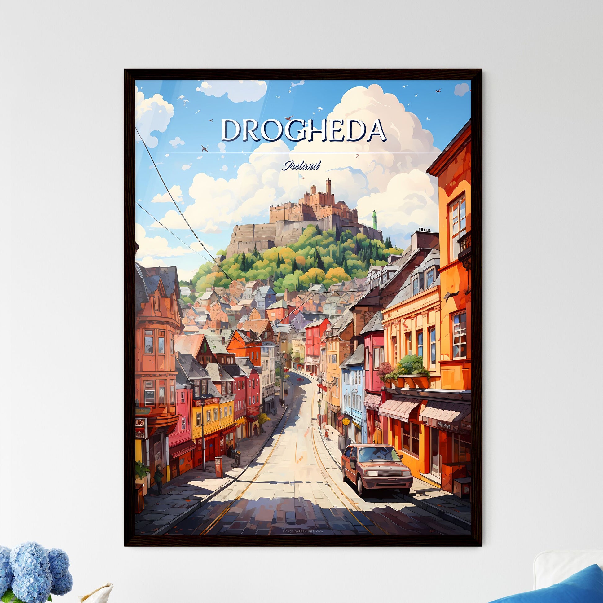 Drogheda, Ireland - Art print of a street with buildings and a castle in the background Framed Art