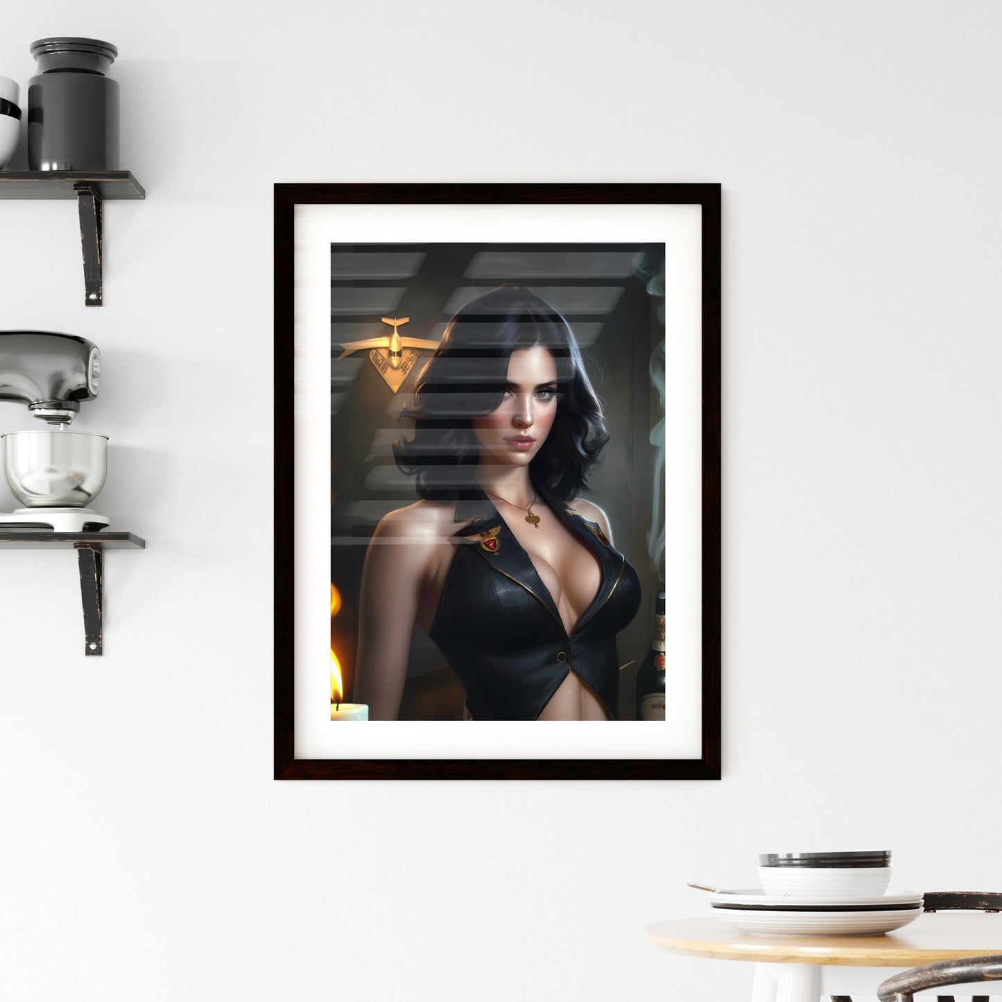 Girl, pin up poster, in the style of hyperrealistic illustrations, glamorous pin-ups, camel cigs, vintage, retro - Art print of a woman in a leather vest Default Title