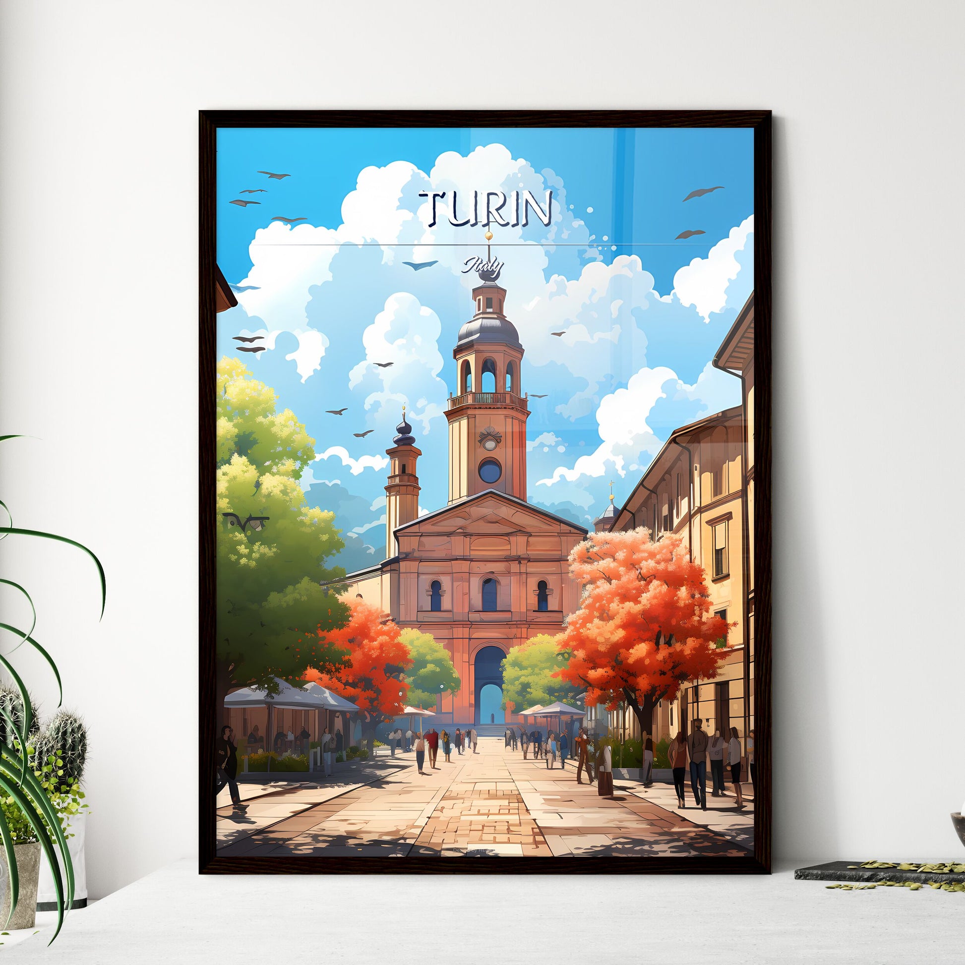 Turin, Italy - Art print of a street with a building and people walking around Framed Art