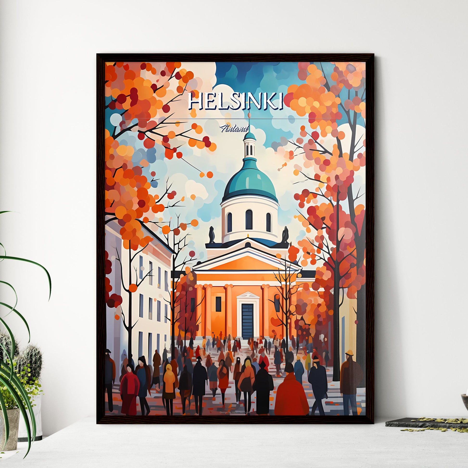 Helsinki, Finland - Art print of a group of people walking in front of a building Framed Art