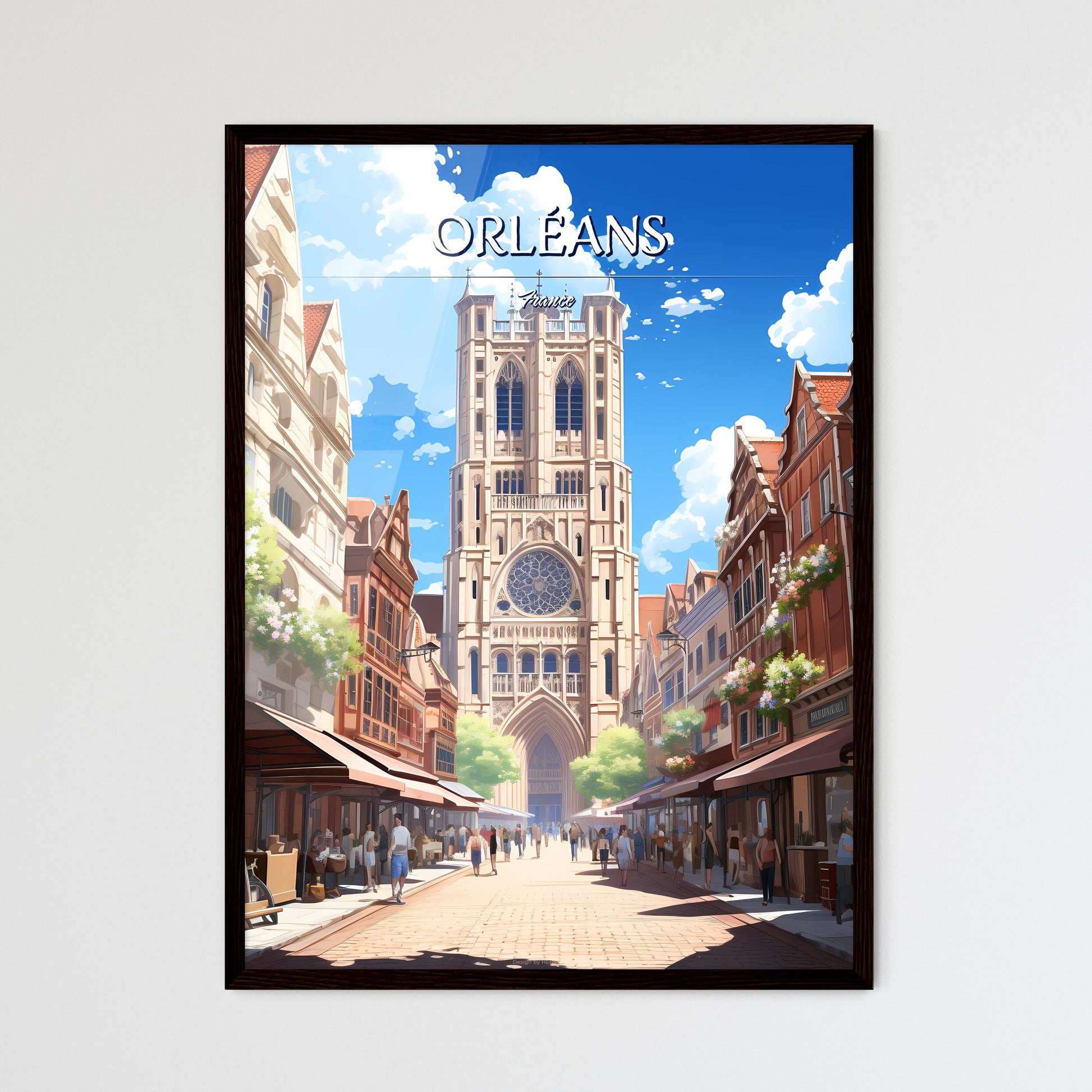Orléans, France - Art print of a street with people walking around a tall building Framed Art