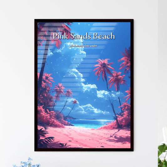 Pink Sands Beach - Art print of a beach with palm trees and a blue sky Default Title