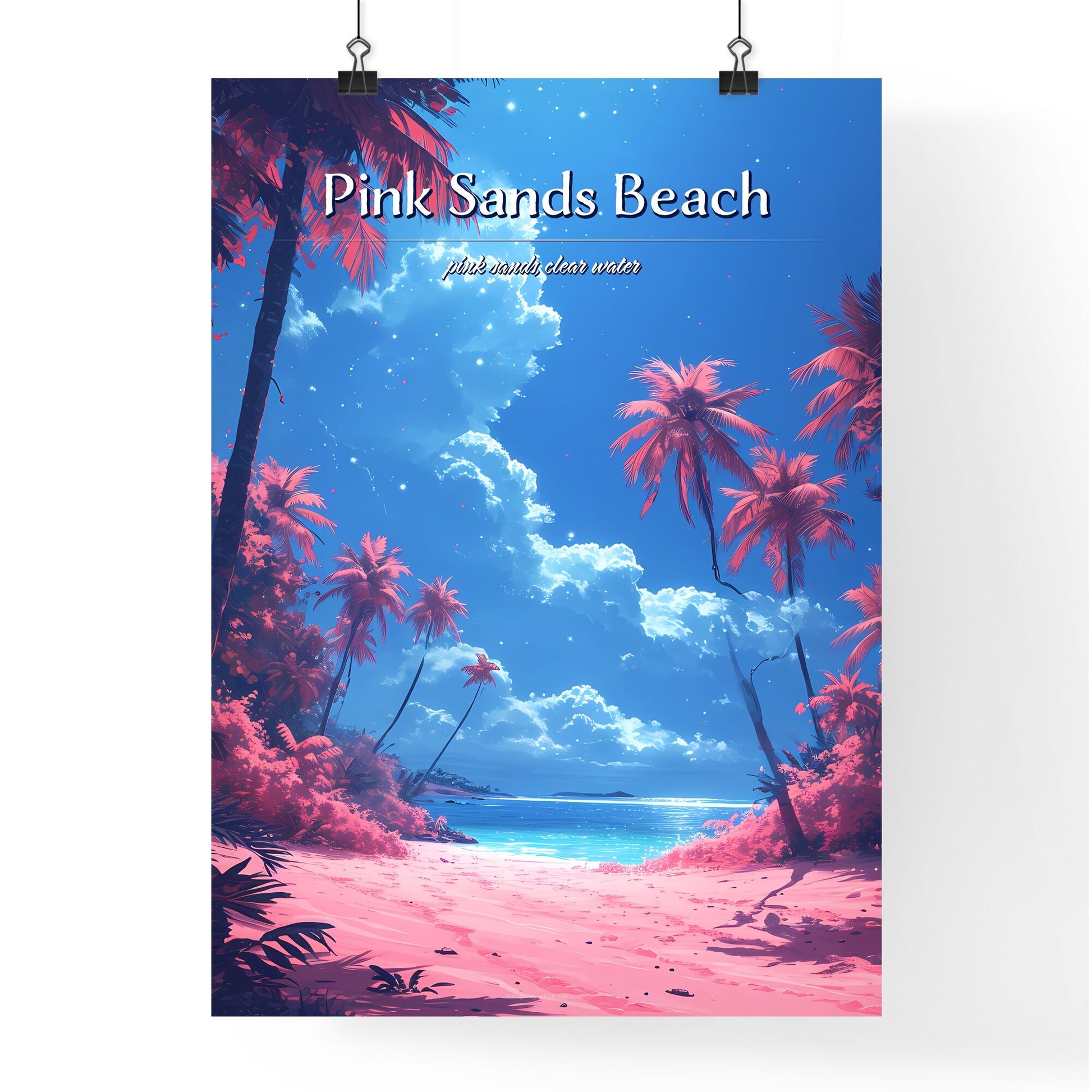 Pink Sands Beach - Art print of a beach with palm trees and a blue sky Default Title