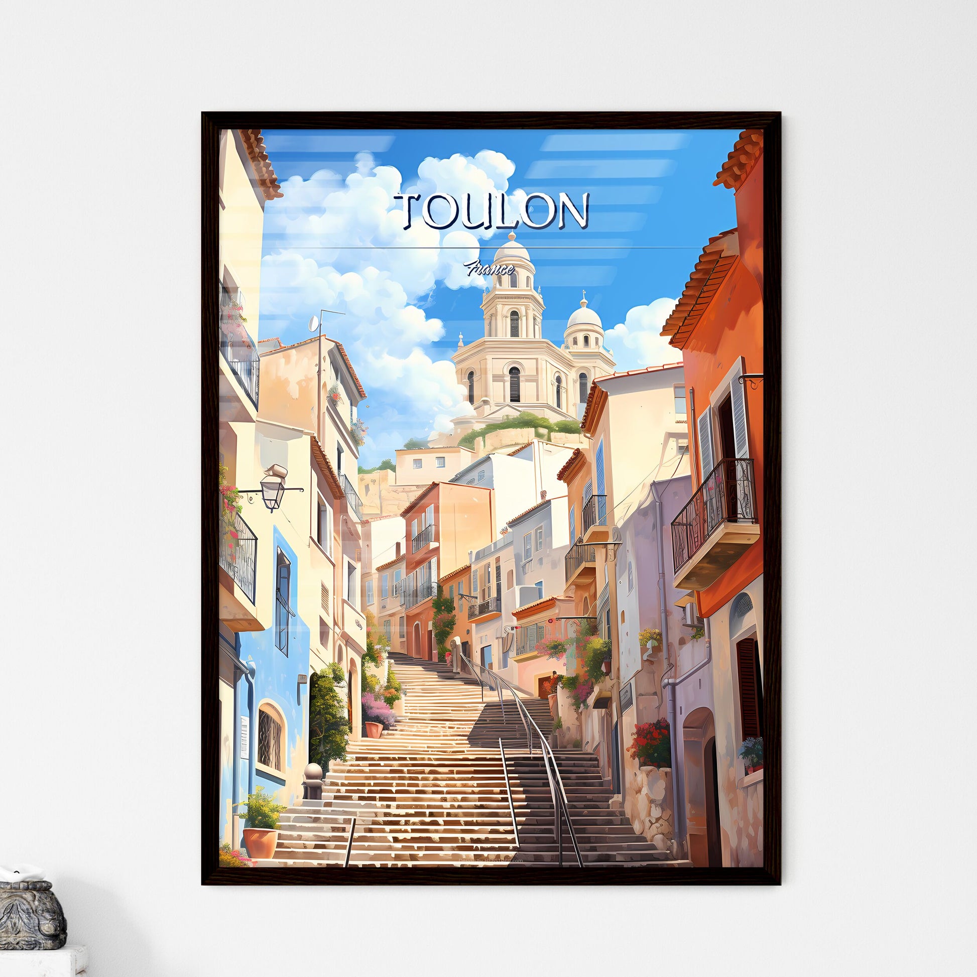 Toulon, France - Art print of a staircase in a city Framed Art