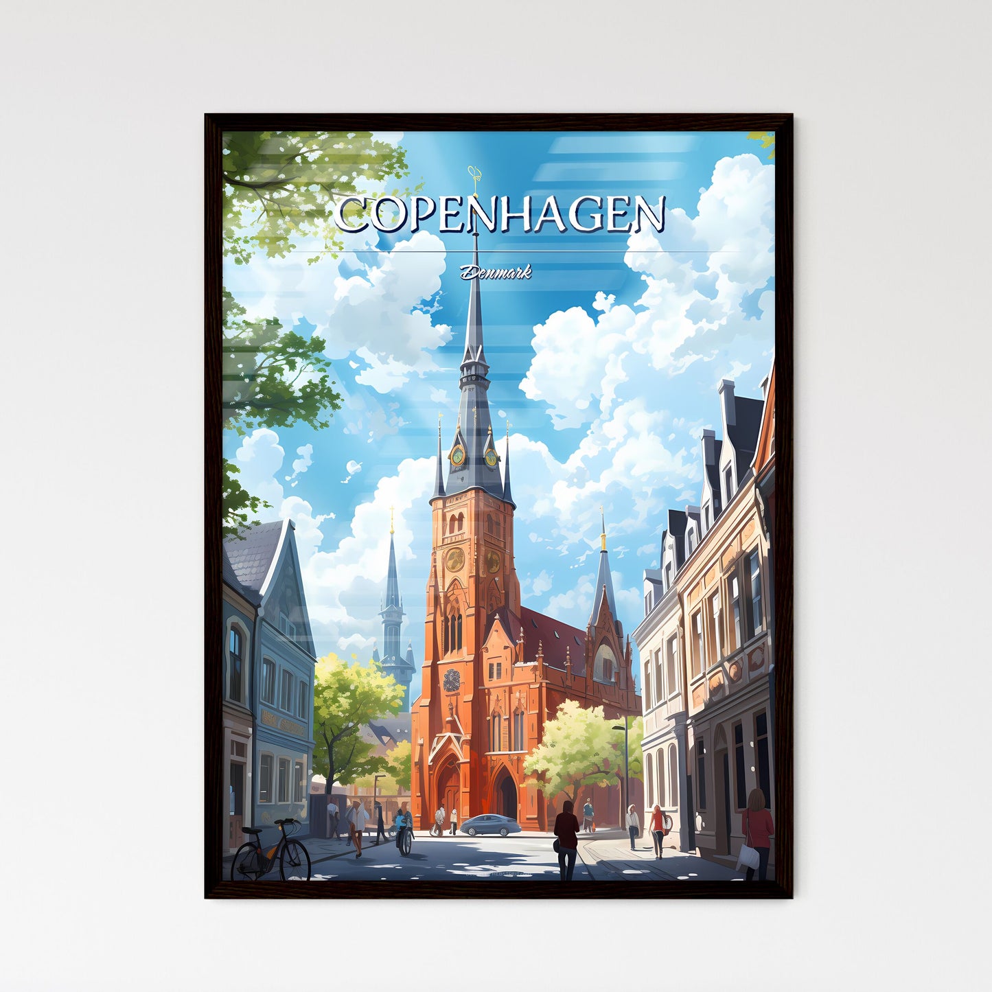 Copenhagen, Denmark - Art print of a church with a steeple and people walking in the street Framed Art