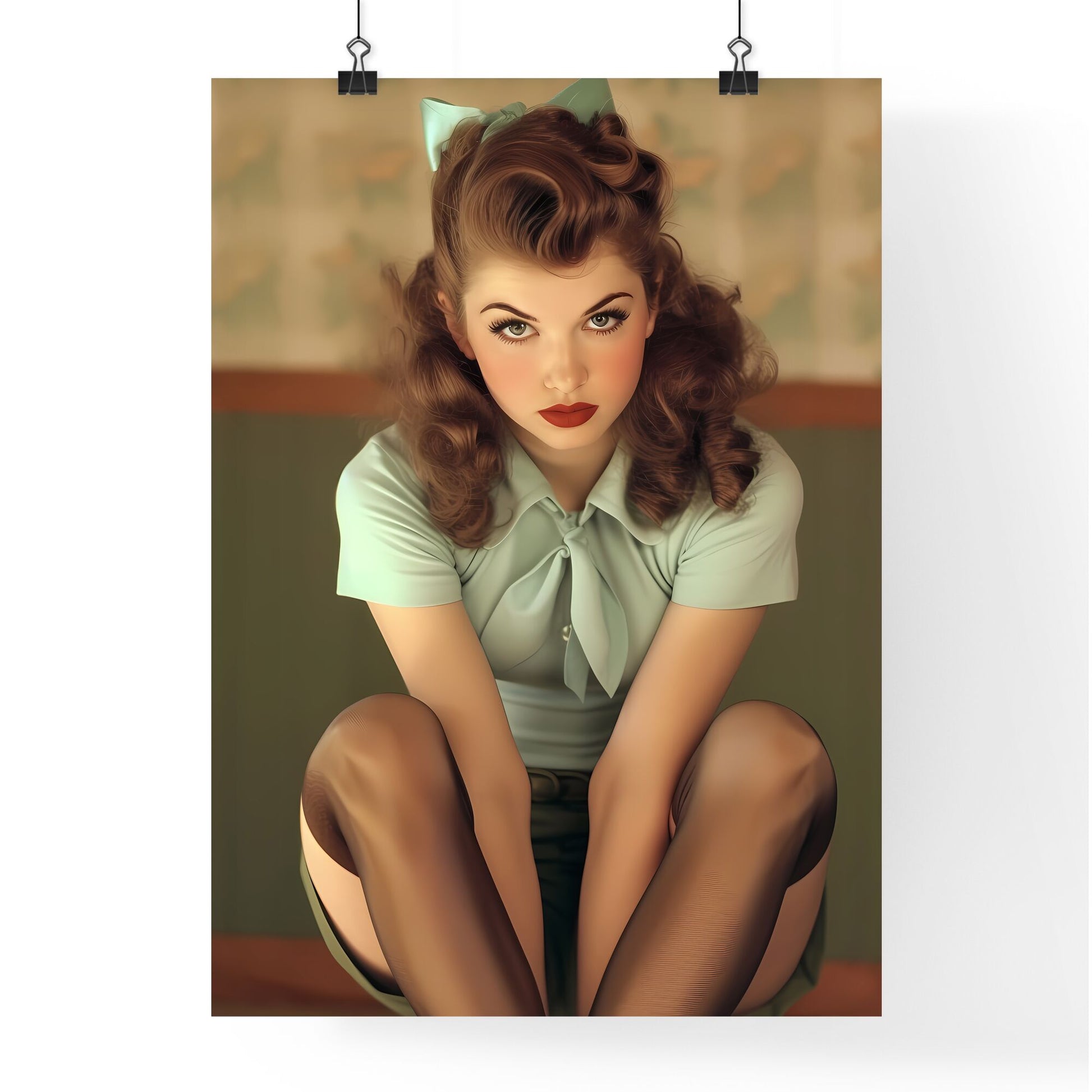 Pin up style, beautiful composition - Art print of a woman with a hairdo and a bow on her head Default Title