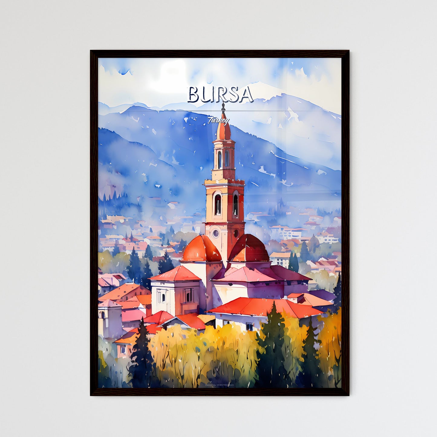 Bursa, Turkey - Art print of a watercolor painting of a building with a steeple and trees in front of mountains Framed Art