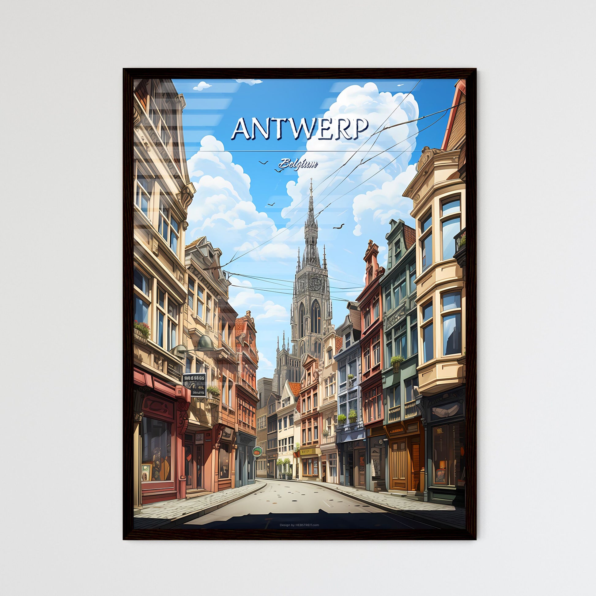 Antwerp, Belgium - Art print of a street with buildings and a tall tower Framed Art