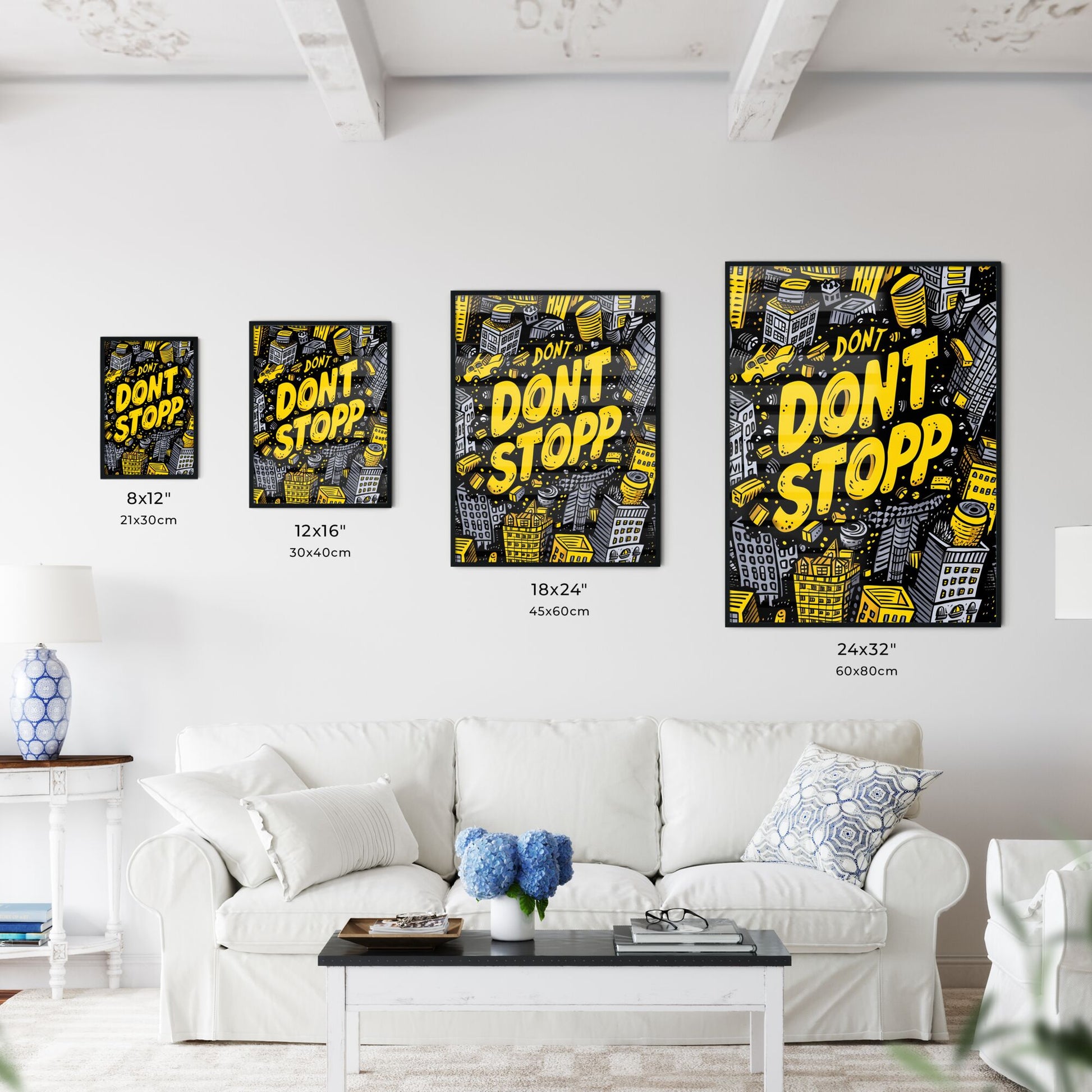 Repeated pattern of the word DONT STOP in hand-writting graffiti-style - Art print of a yellow and black doodle of buildings and words Default Title