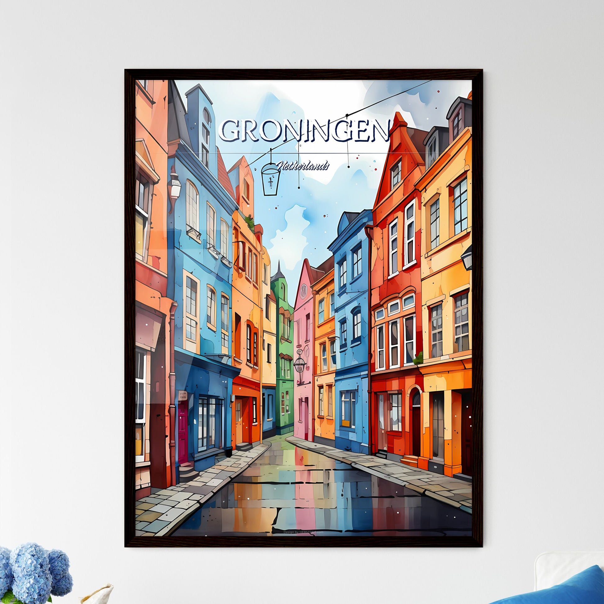 Groningen, Netherlands - Art print of a colorful buildings in a street Framed Art