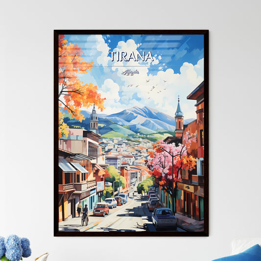 Tirana, Albania, - Art print of a painting of a street with cars and mountains in the background Framed Art