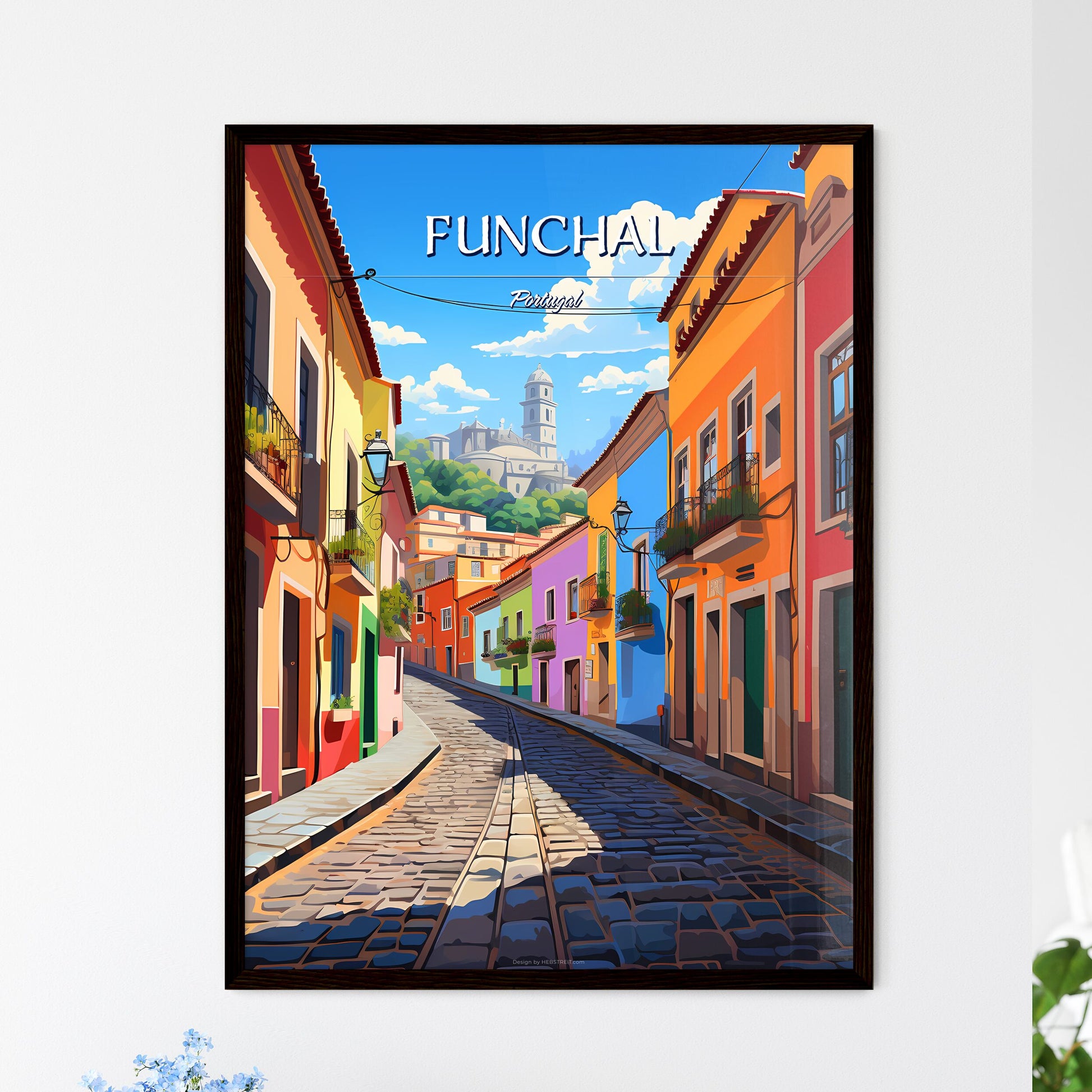 Funchal, Portugal - Art print of a colorful street with buildings and a castle in the background Framed Art