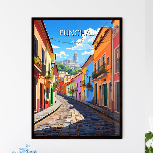 Funchal, Portugal - Art print of a colorful street with buildings and a castle in the background Framed Art