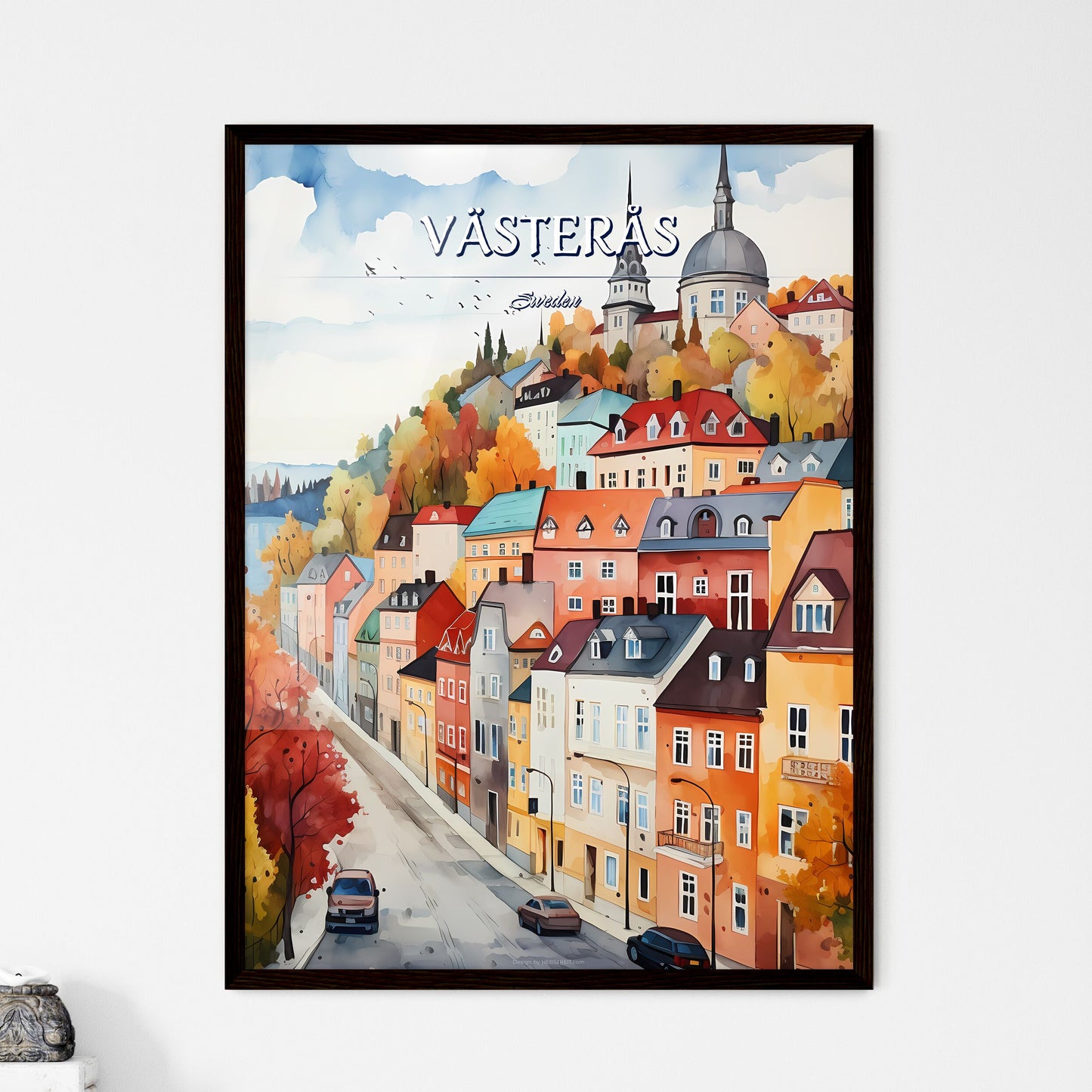 Västerås, Sweden, - Art print of a watercolor painting of a town Framed Art