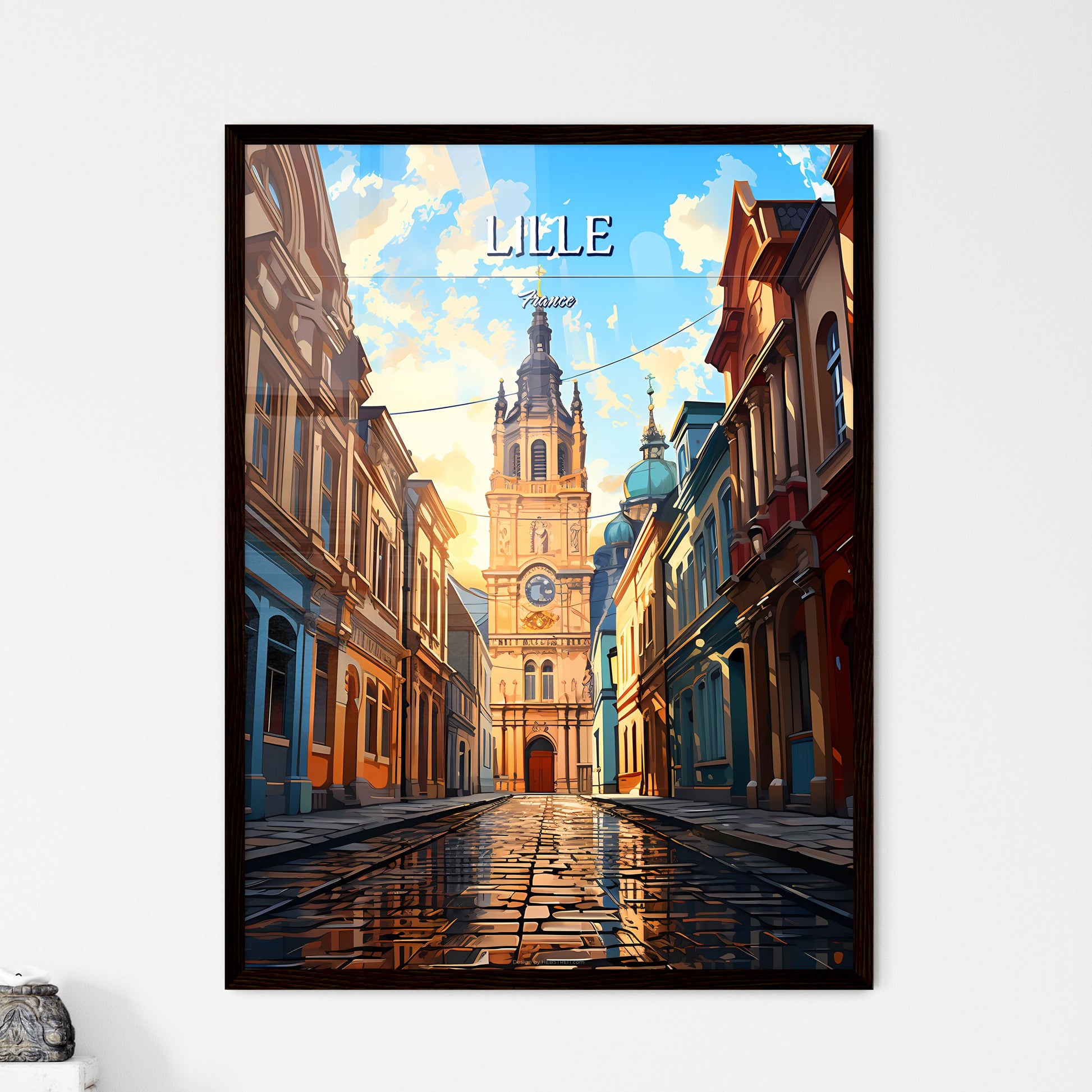 Lille, France - Art print of a street with buildings and a clock tower Framed Art