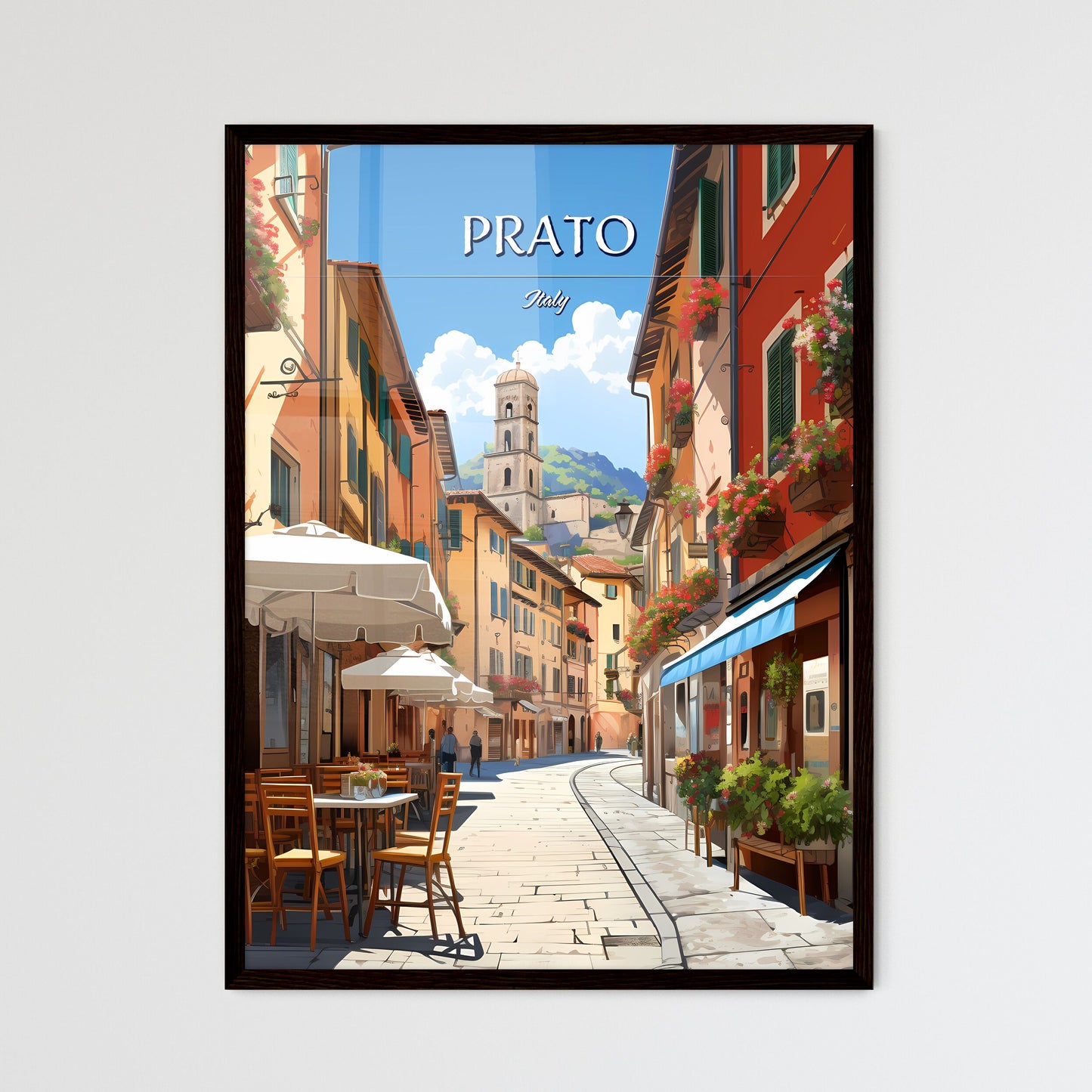 Prato, Italy - Art print of a street with tables and chairs and tables with umbrellas and flowers Framed Art