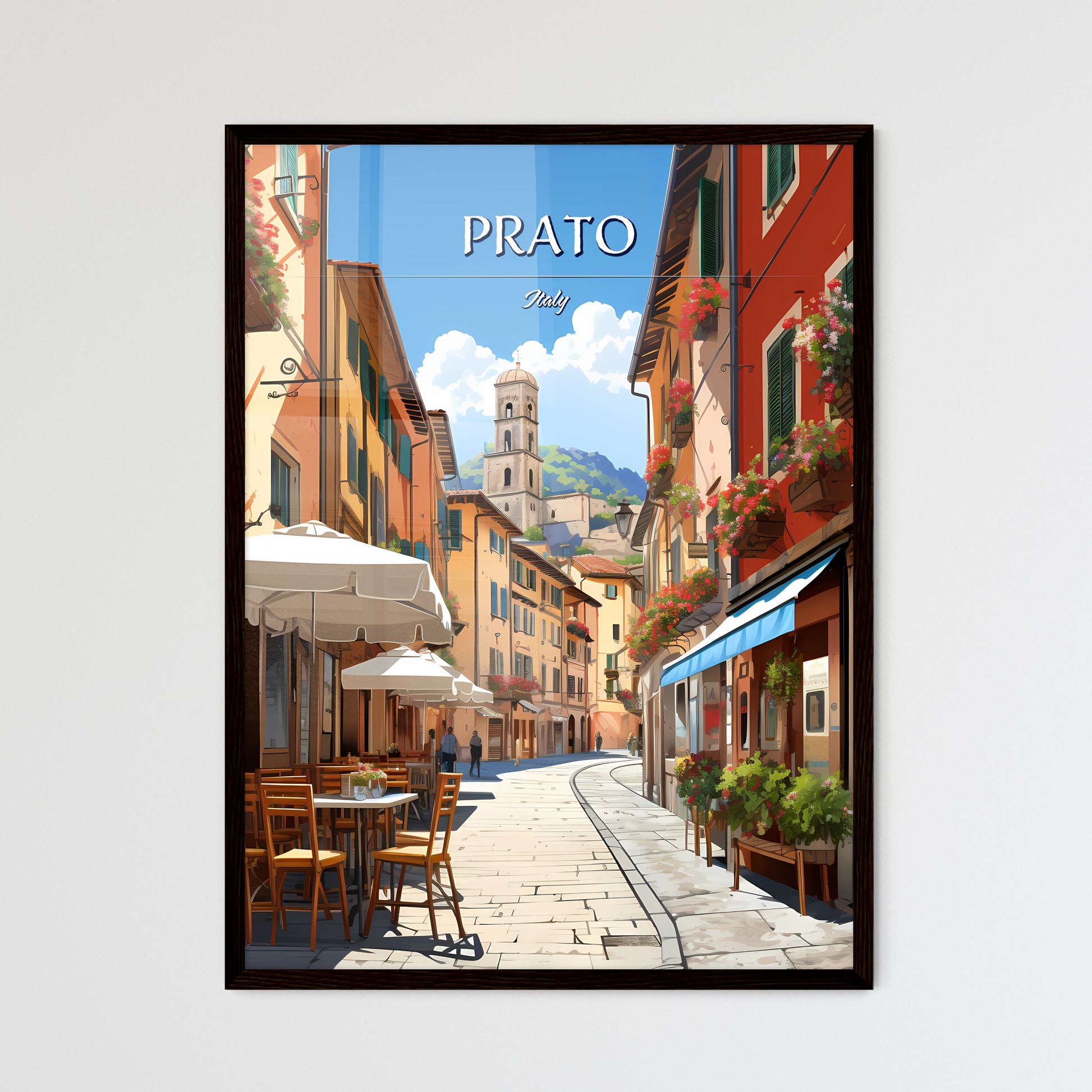 Prato, Italy - Art print of a street with tables and chairs and tables with umbrellas and flowers Framed Art