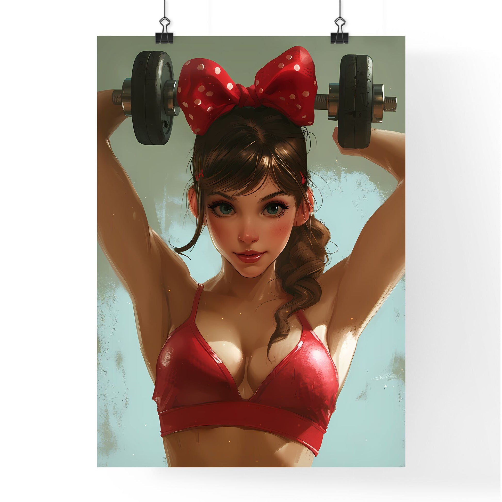 American pin up, pin up girls, attractive, gym, lifting weight - Art print of a woman lifting weights with a bow on her head Default Title