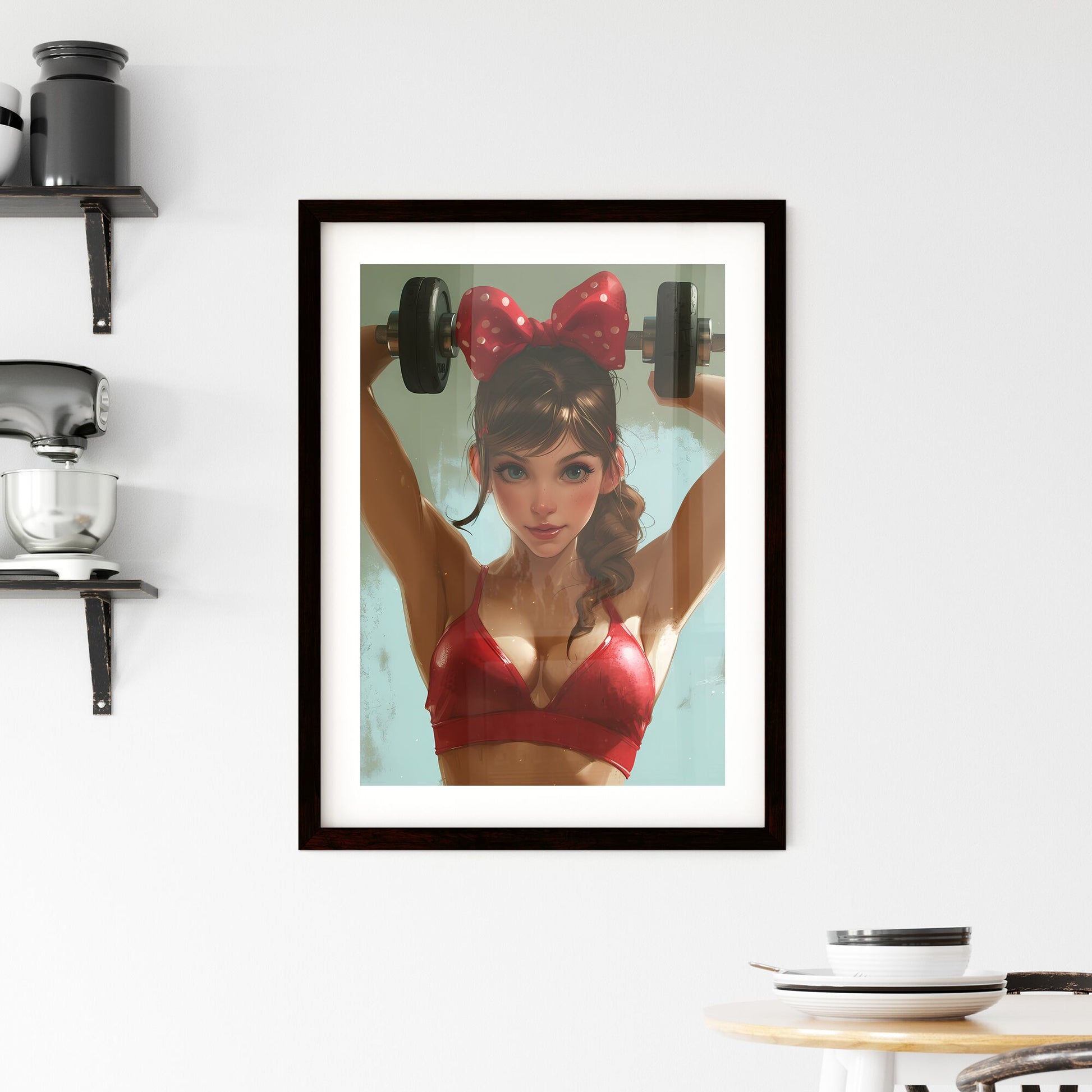 American pin up, pin up girls, attractive, gym, lifting weight - Art print of a woman lifting weights with a bow on her head Default Title