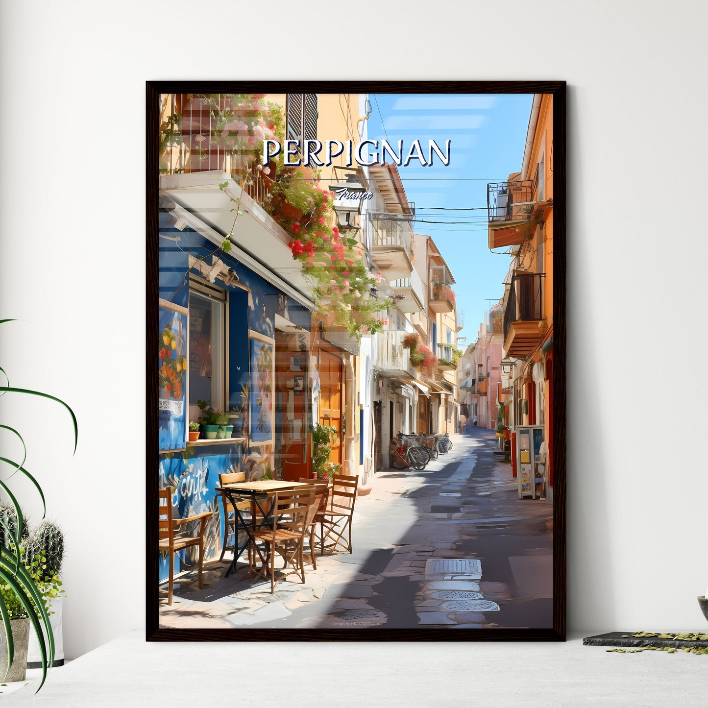 Perpignan, France - Art print of a street with tables and chairs in a small town Framed Art