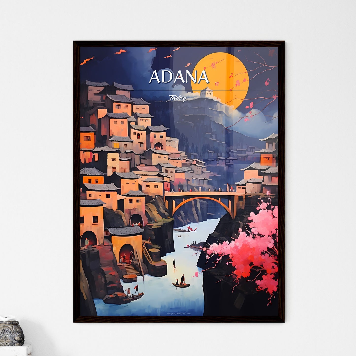 Adana, Turkey - Art print of a painting of a city with a bridge over a river Framed Art
