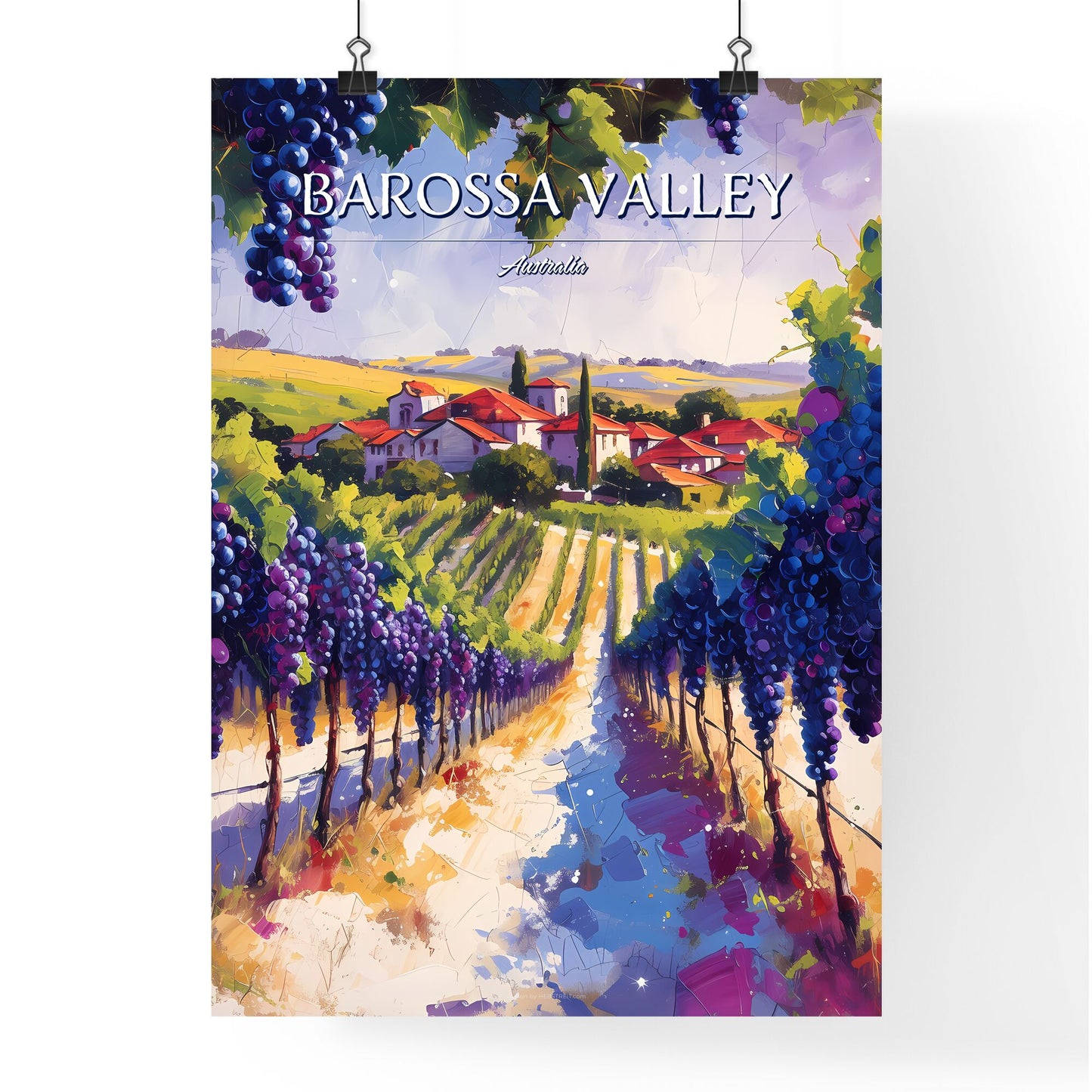 Barossa Valley, Australia - Art print of a painting of a vineyard with a house and grapes Default Title