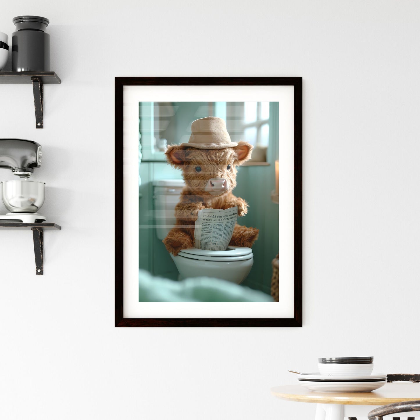 A cow sitting on a tiny toilet - Art print of a stuffed animal sitting on a toilet Default Title