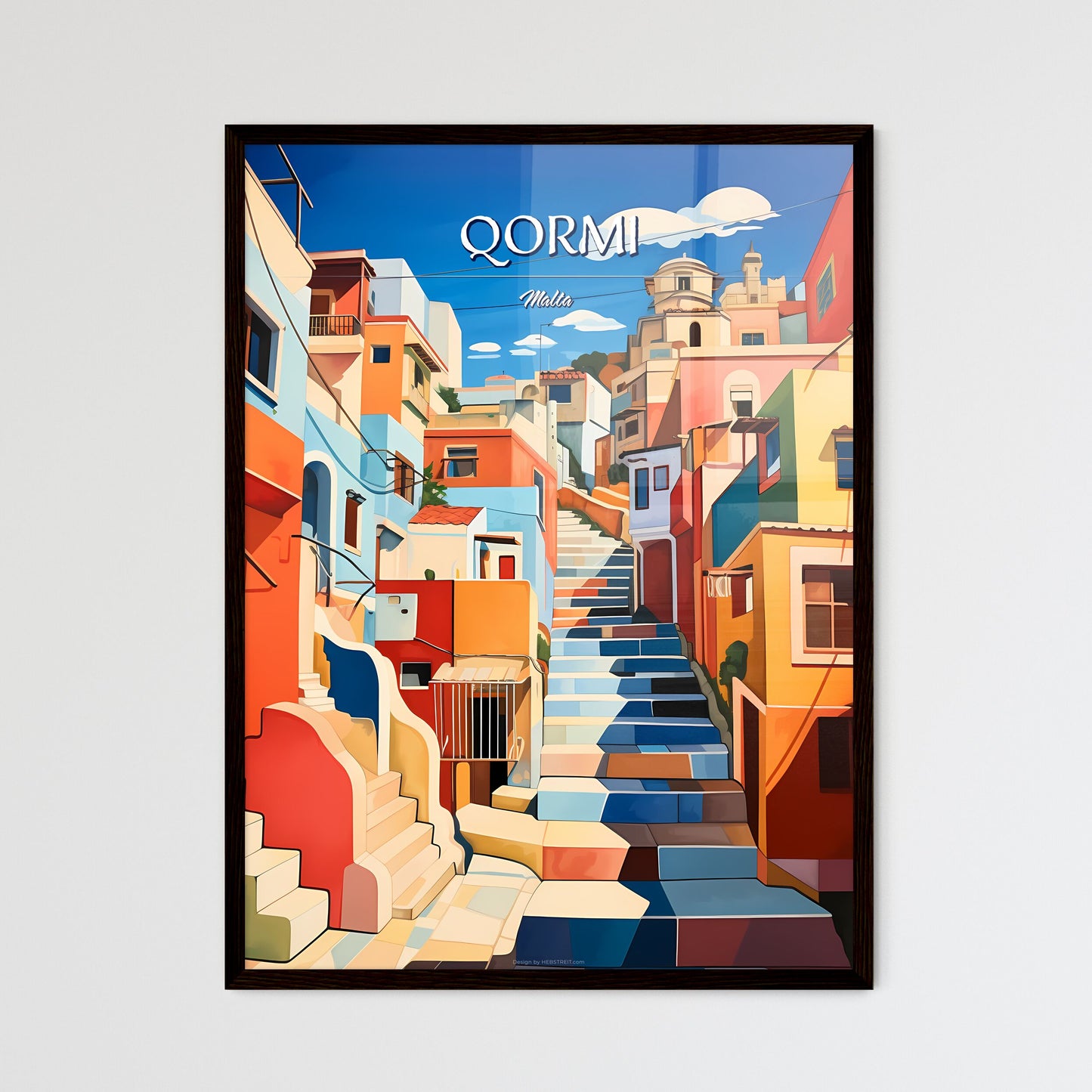 Qormi, Malta - Art print of a painting of a colorful city Framed Art