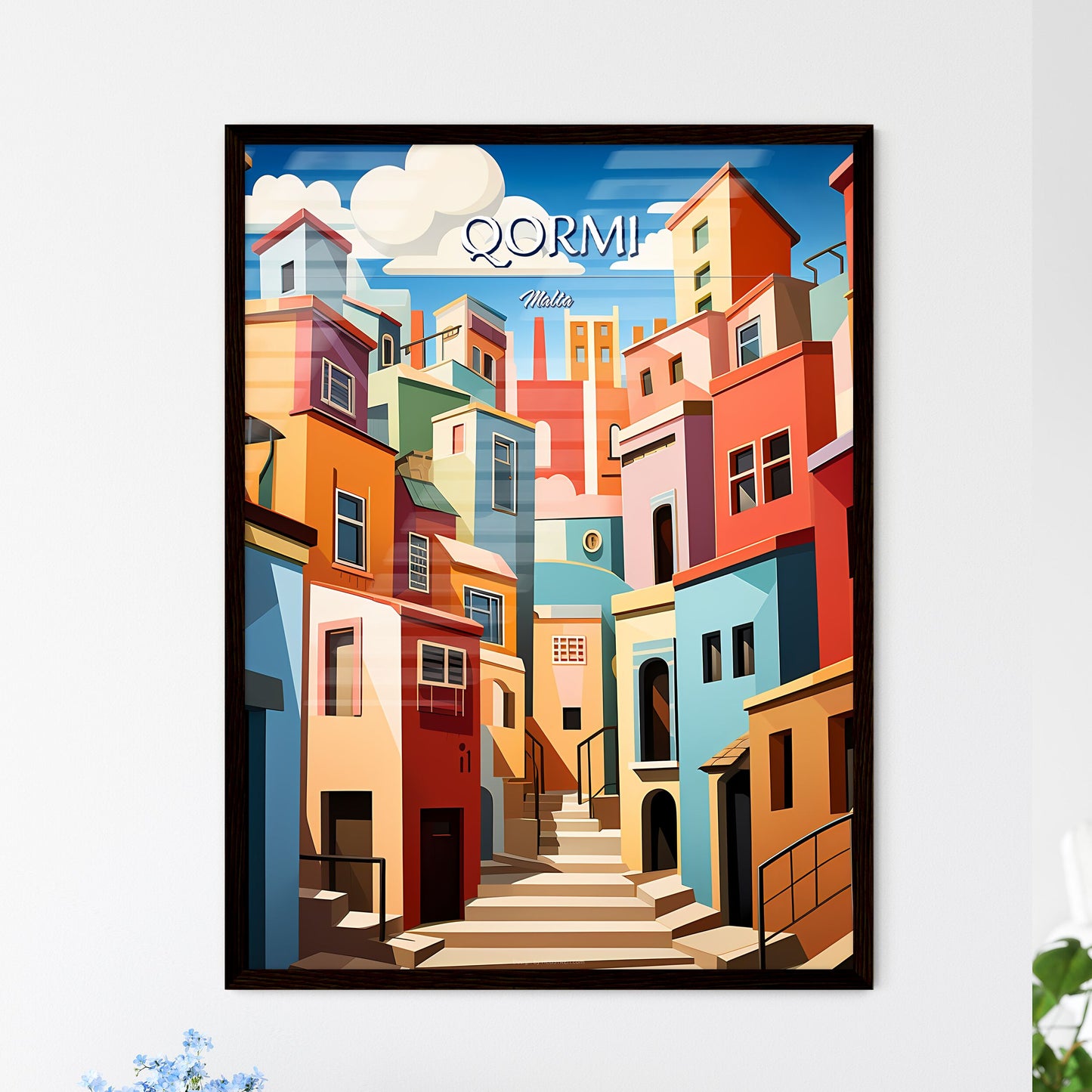 Qormi, Malta - Art print of a colorful city with stairs and stairs Framed Art