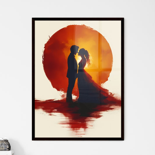 A skeleton slow dances with a beautiful - Art print of a man and woman kissing in front of a large sun Default Title