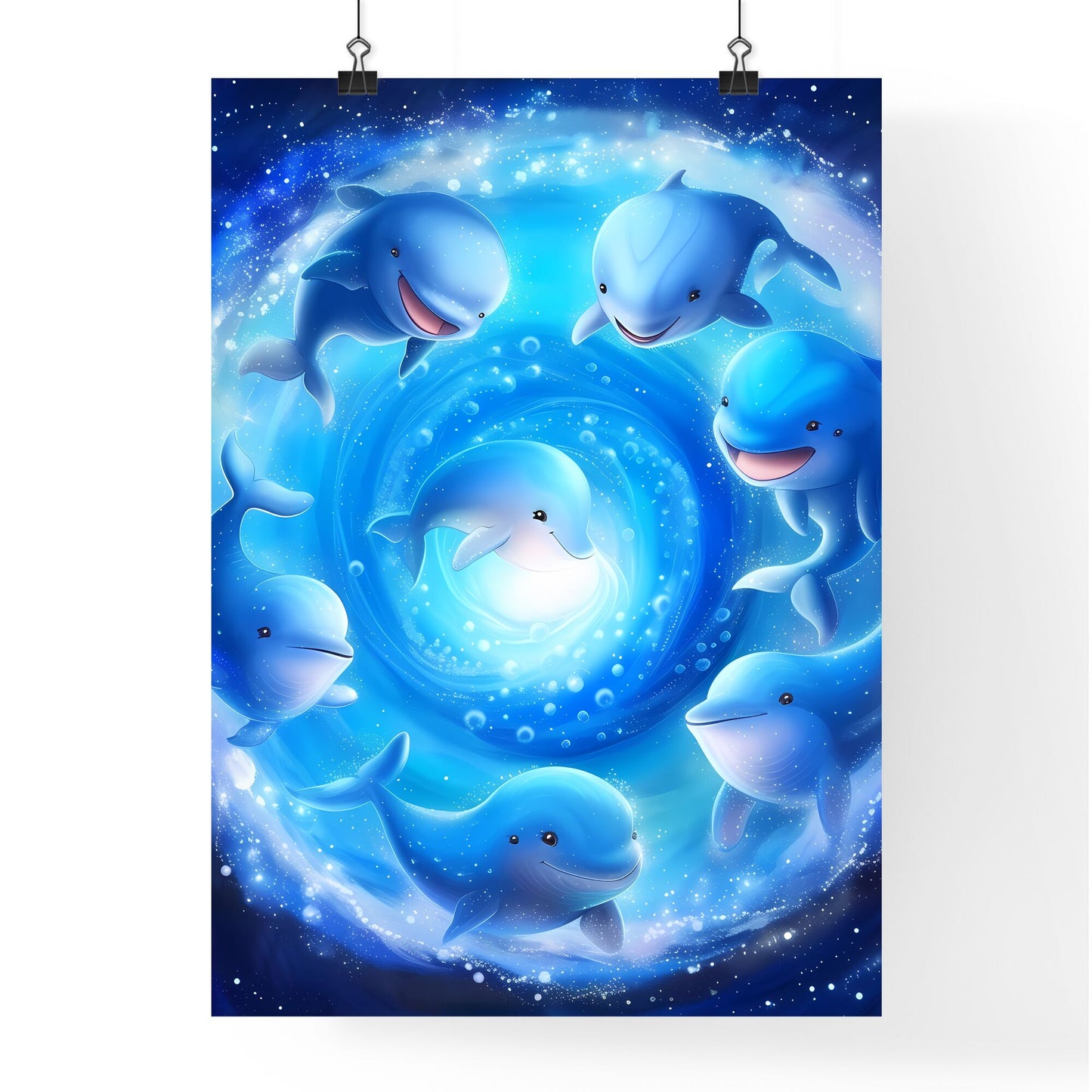 Smiling cute cartoon whales in different poses, swimming in a swirl - Art print of a group of blue dolphins in a circle Default Title