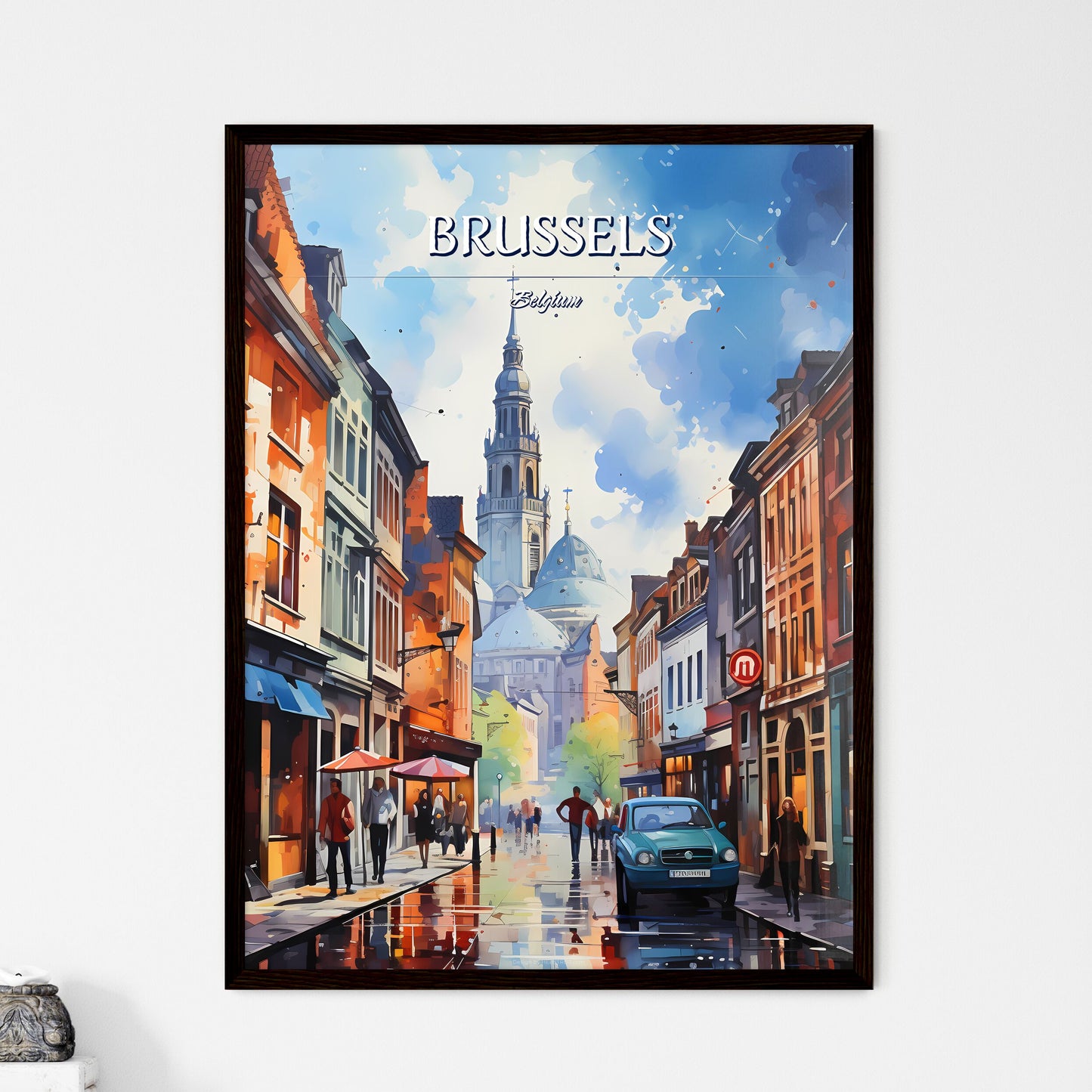 Brussels - Art print of a street with buildings and people walking on it Framed Art