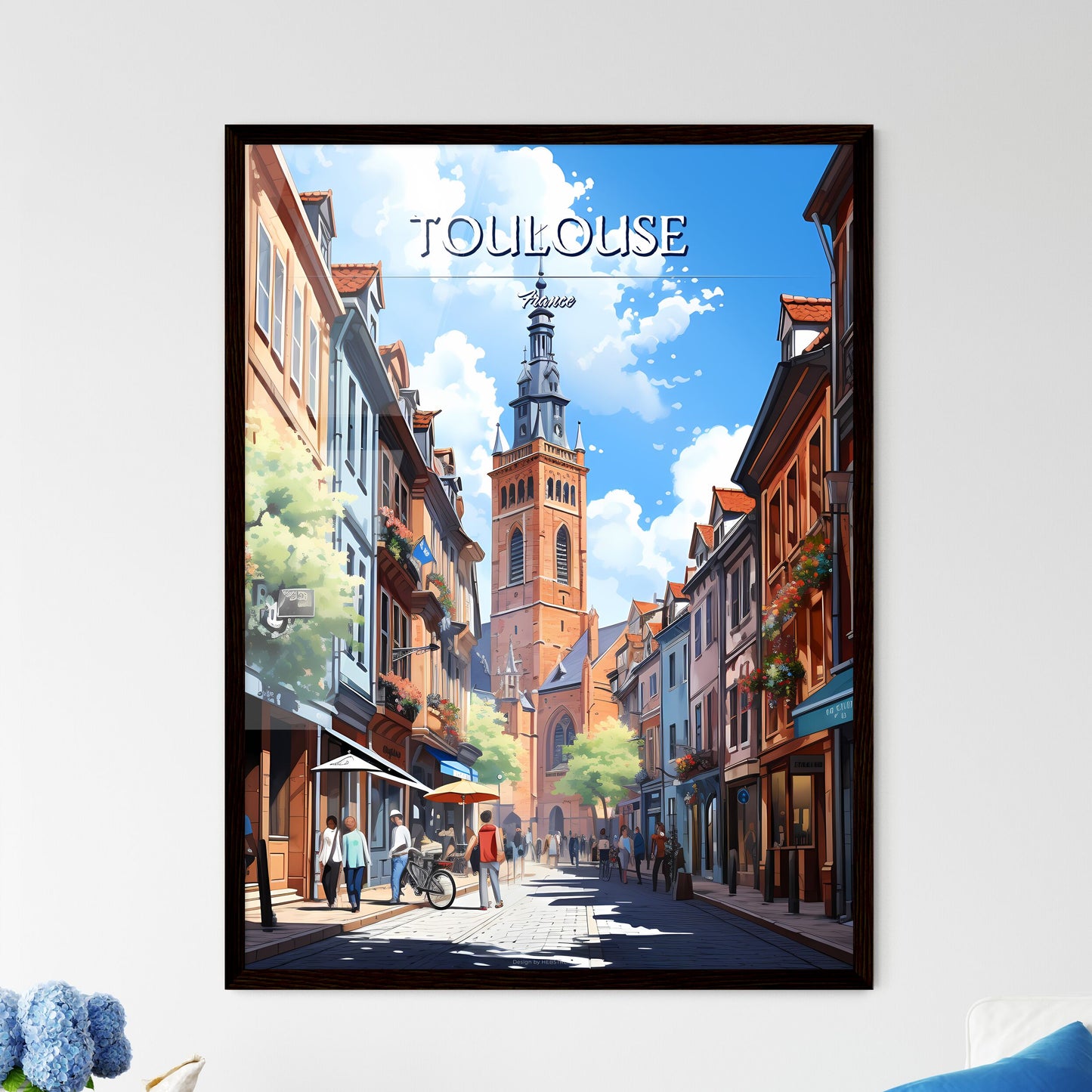 Toulouse, France - Art print of a street with buildings and people walking and a tower Framed Art
