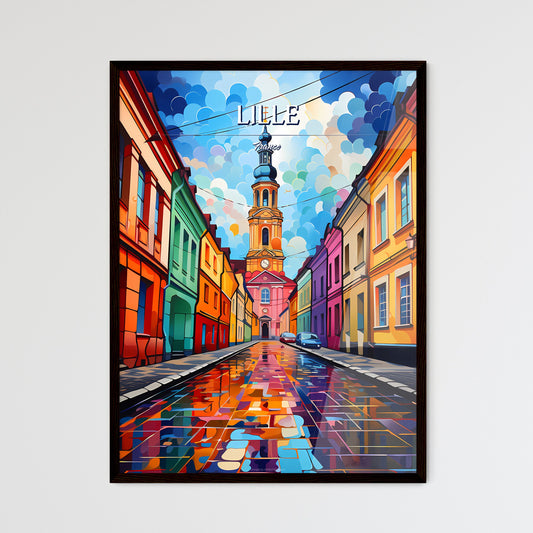 Lille, France - Art print of a colorful street with a church tower Framed Art
