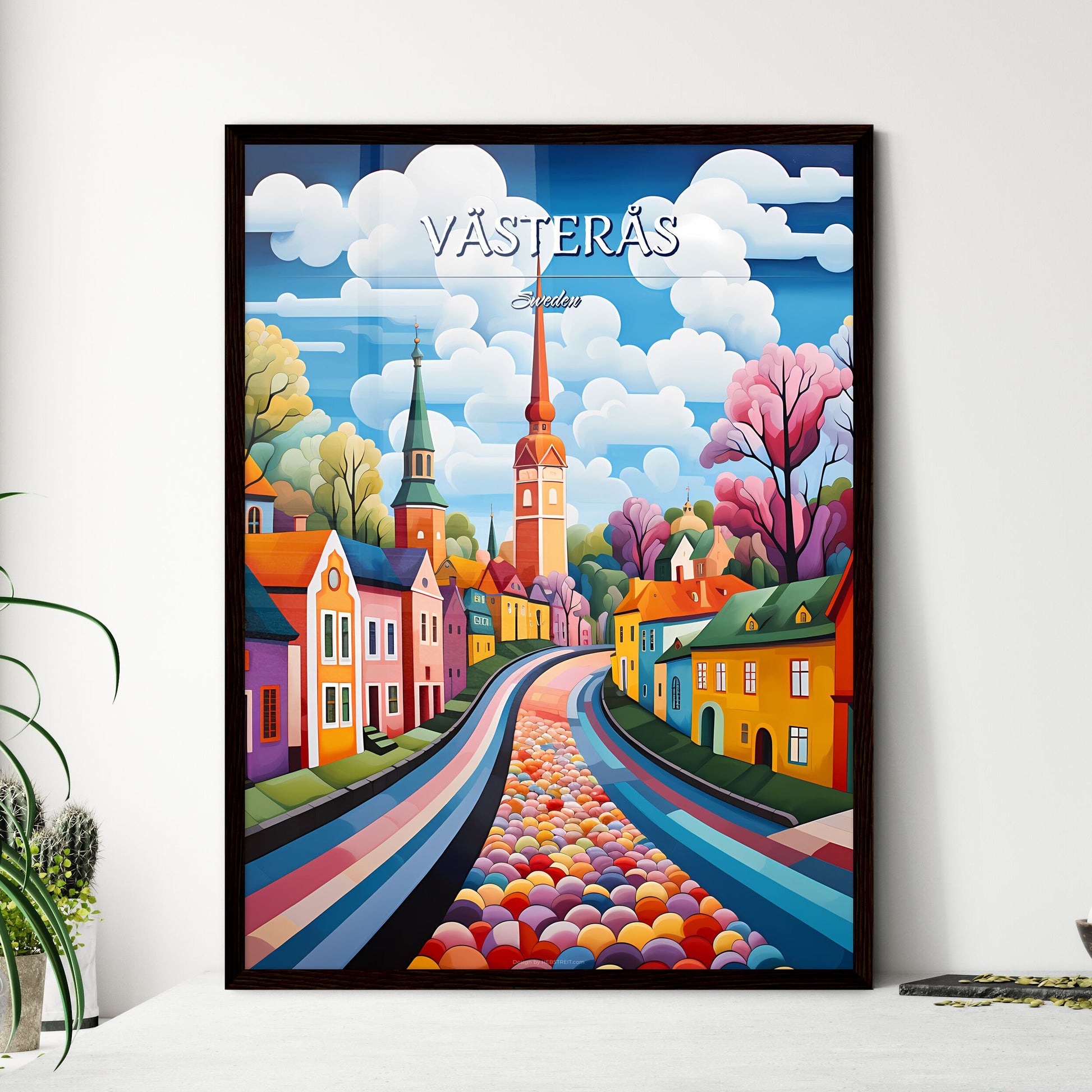 Västerås, Sweden, - Art print of a painting of a street with colorful houses and trees Framed Art