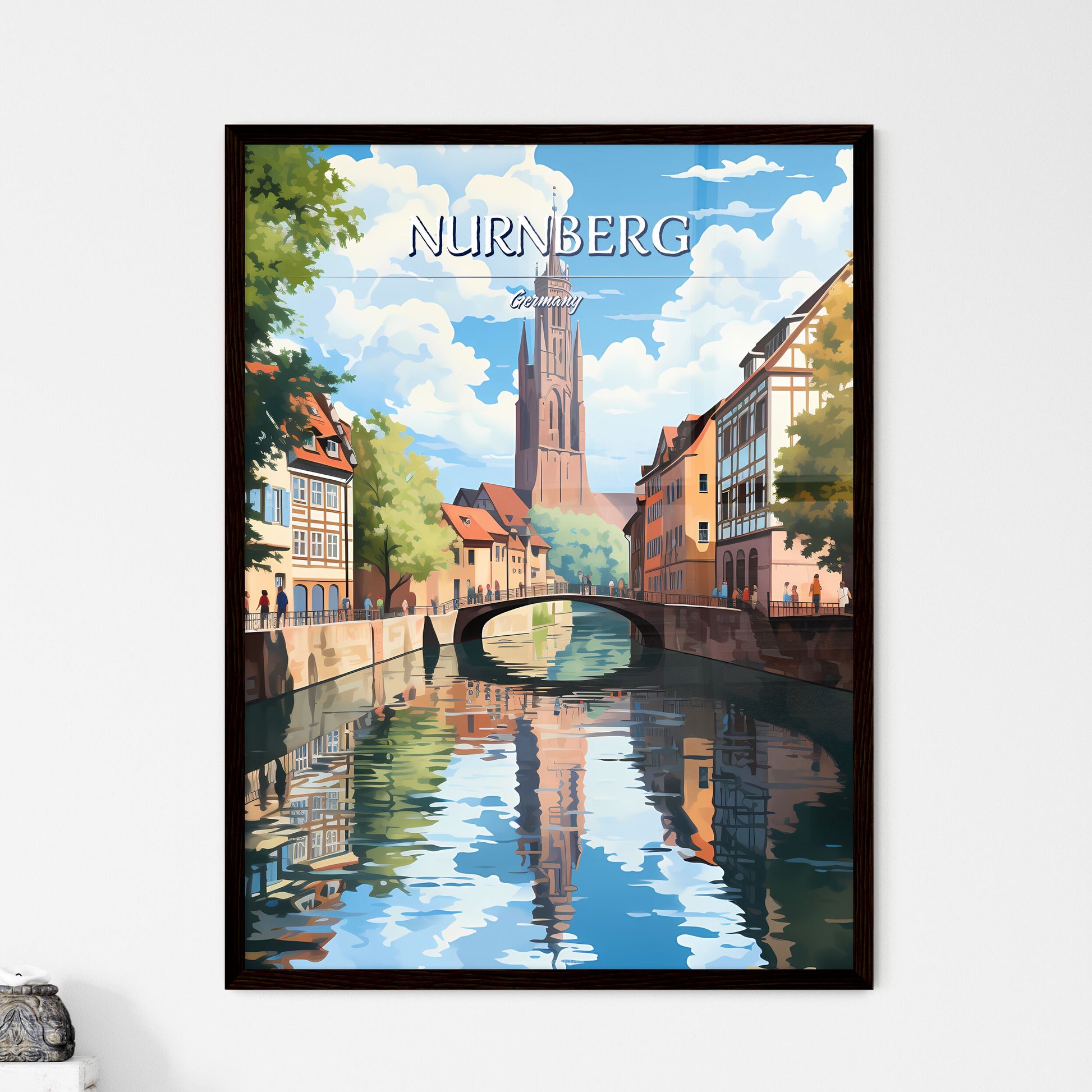 Nurnberg, Germany - Art print of a water way with a bridge and a church in the background Framed Art