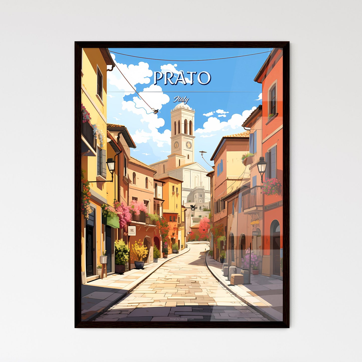 Prato, Italy - Art print of a street with buildings and a tower in the background Framed Art