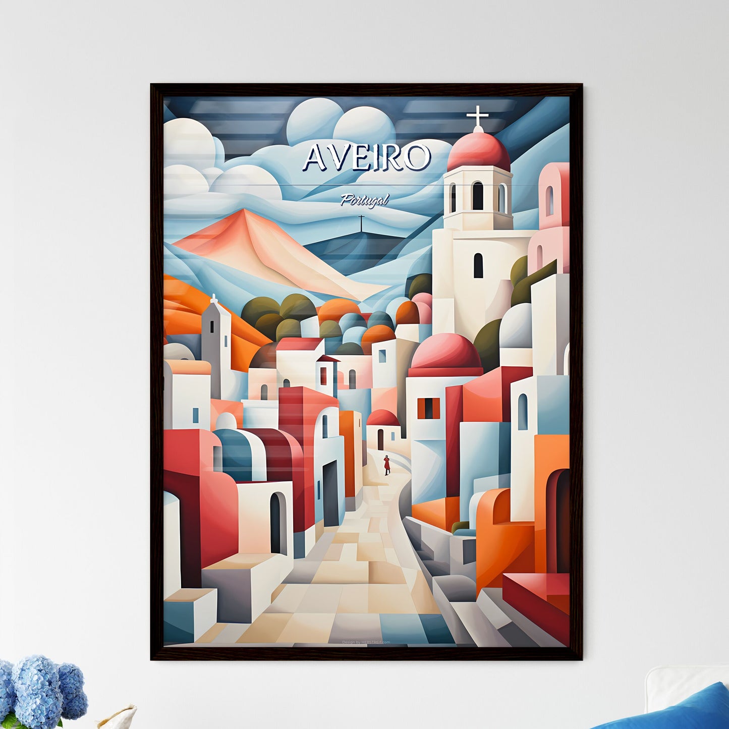 Aveiro, Portugal - Art print of a painting of a town with a person walking on a road Framed Art