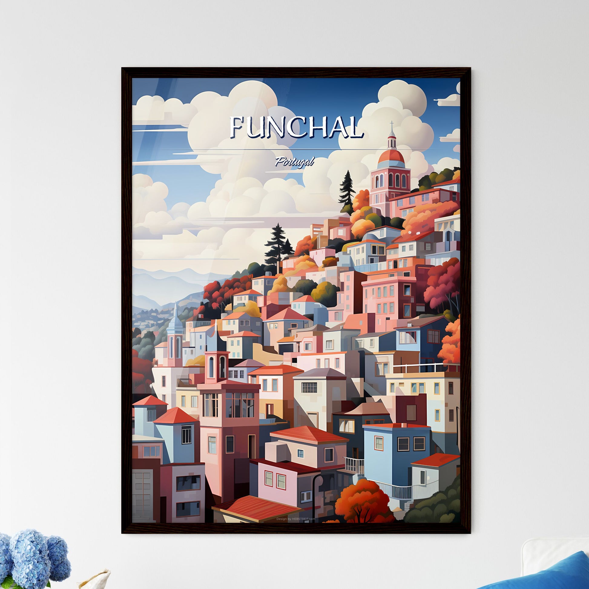 Funchal, Portugal - Art print of a colorful city on a hill Framed Art