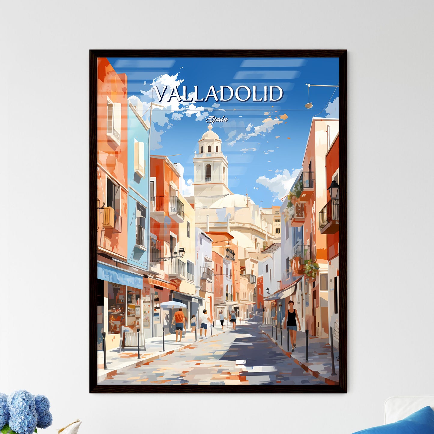 Valladolid, Spain - Art print of a street with buildings and people walking Framed Art