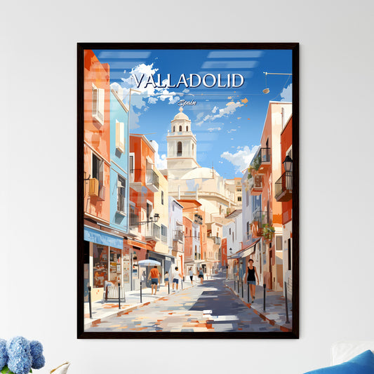 Valladolid, Spain - Art print of a street with buildings and people walking Framed Art
